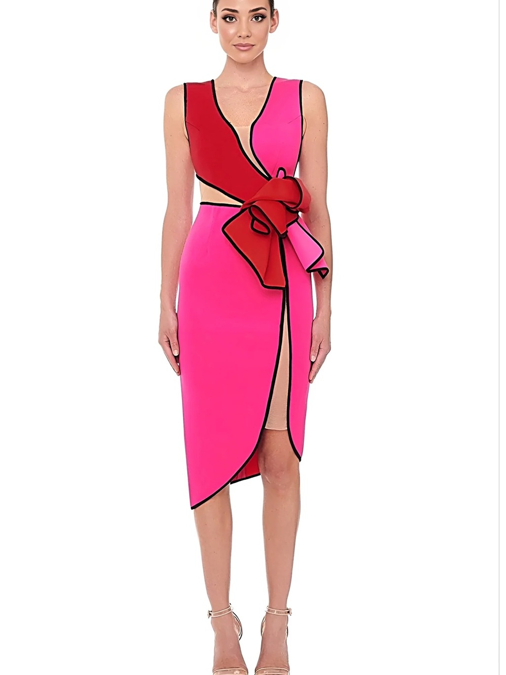 Red & Hot Pink Bow-Accent Sleeveless Wrap Dress
